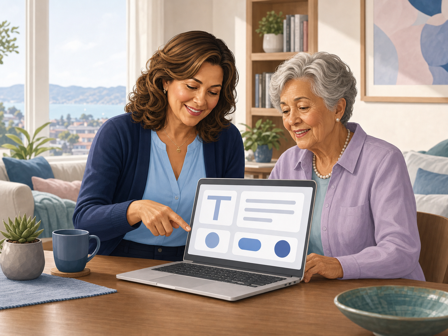 Serena helping an older adult make information easier to read on a laptop