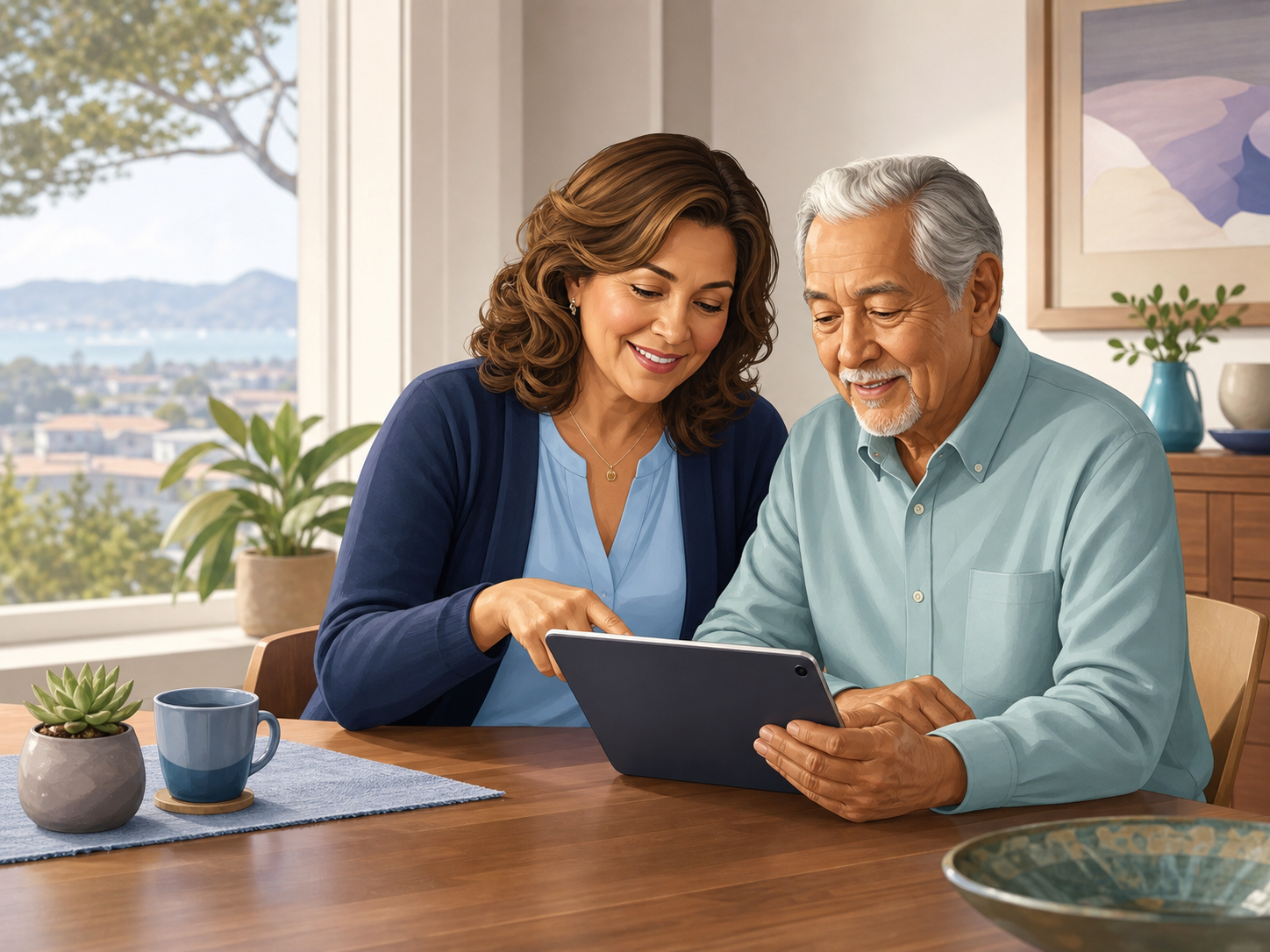 Serena calmly helping an older adult use a tablet safely at home